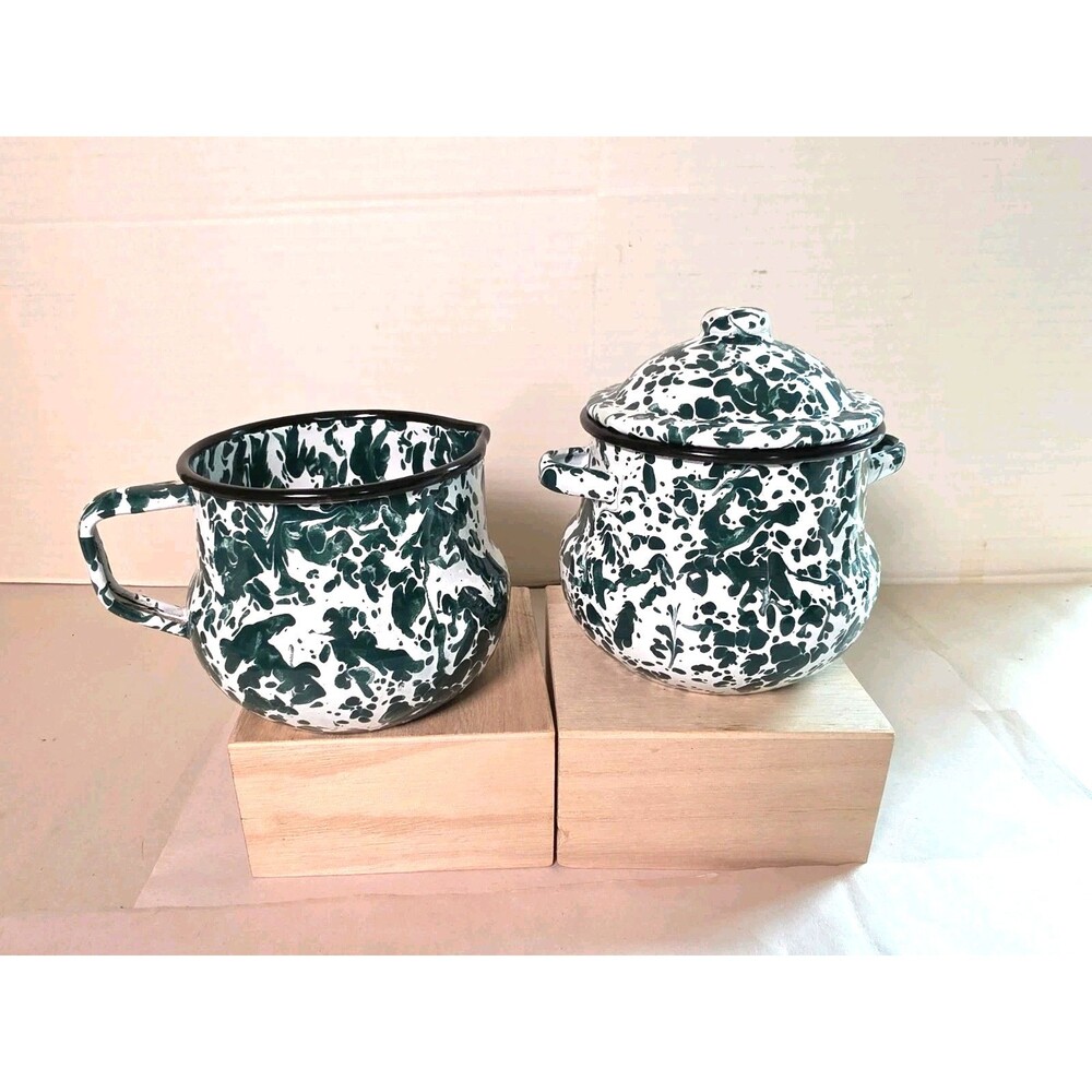 Vintage 6 Pc. Green & White Swirl Enamelware Set Coffee Pot Tray Sugar Creamer - Picture 2 of 11
